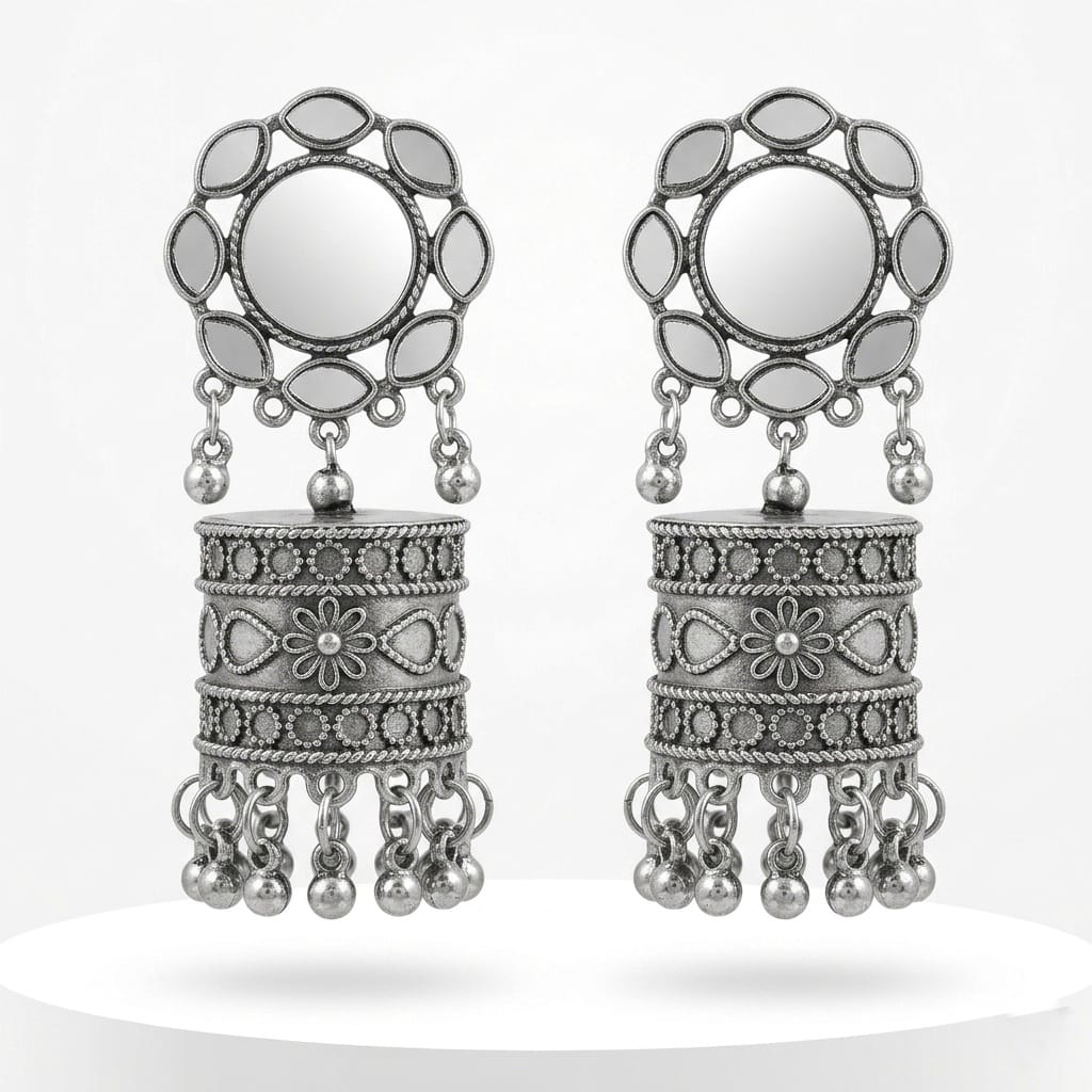 649d3fe3-0e1b-4675-88f6-a72b76eee569 Oxidised Mirror Sunburst Drum Jhumkas - Image 1