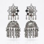 Oxidised Floral Etched Dome Jhumkas with Mirror Studs
