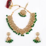 Heavy Kundan & Green Bead Choker, Tikka, and Jhumka Set