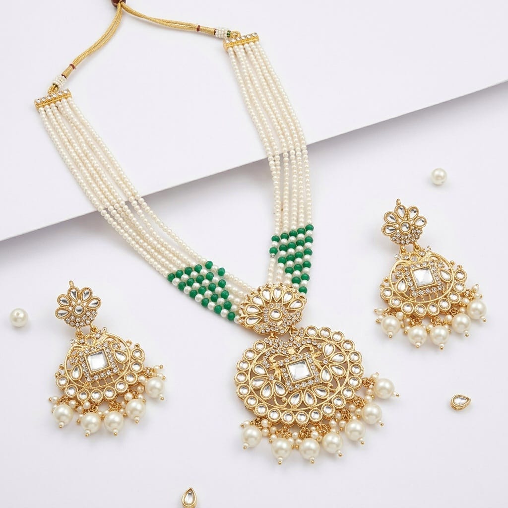 e3b1d0e6-afec-451e-8203-f7d0177bd2fb Multi-Strand Pearl & Kundan Long Necklace Set - Image 1
